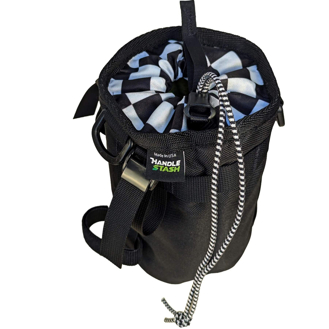 Black and checkered two-tone stem bag top closed
