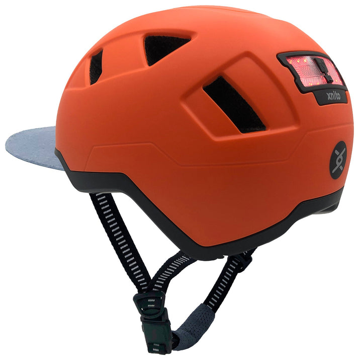 side view of xnito ebike helmet with visor in dutch orange