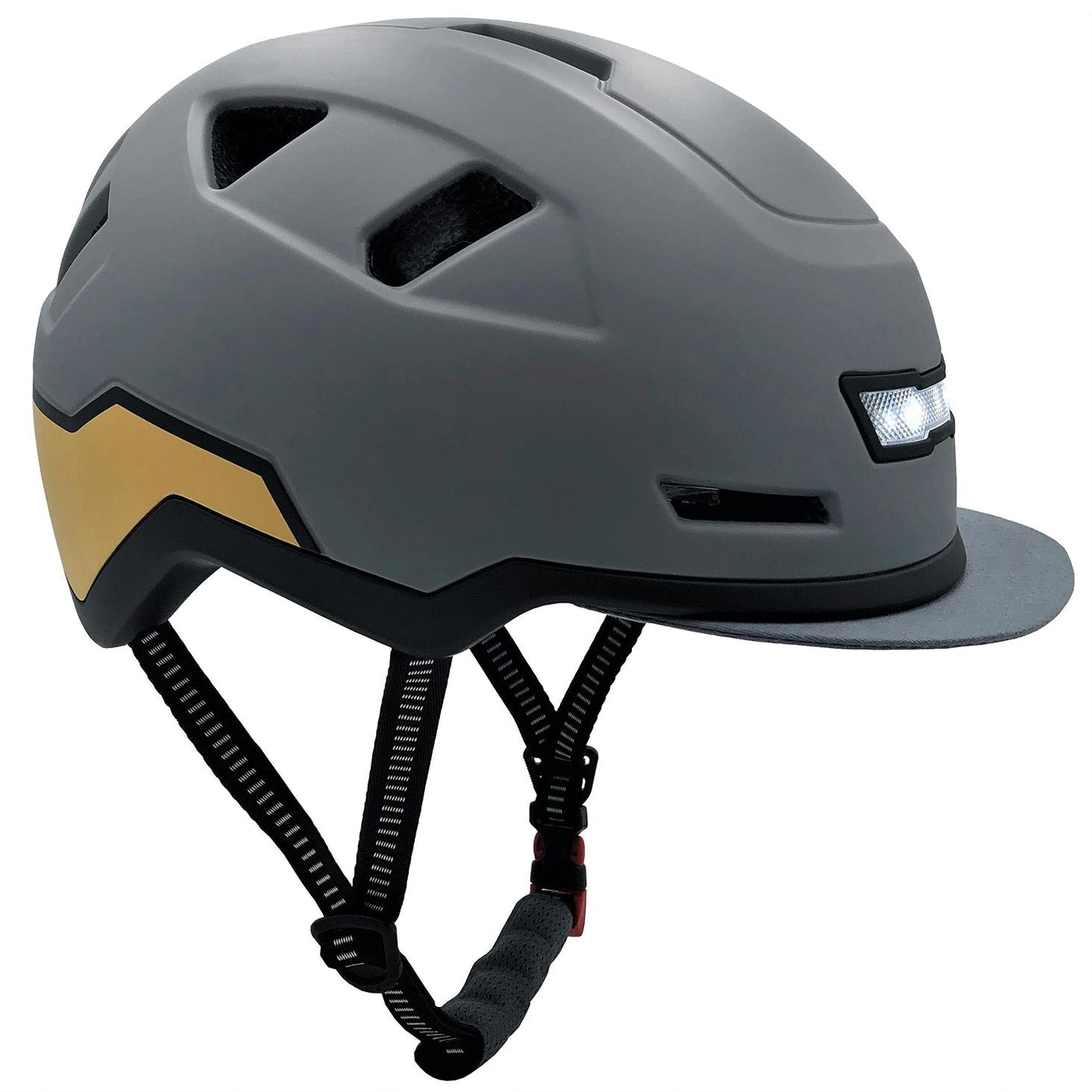 side view xnito ebike helmet with visor and lights in Gull grey
