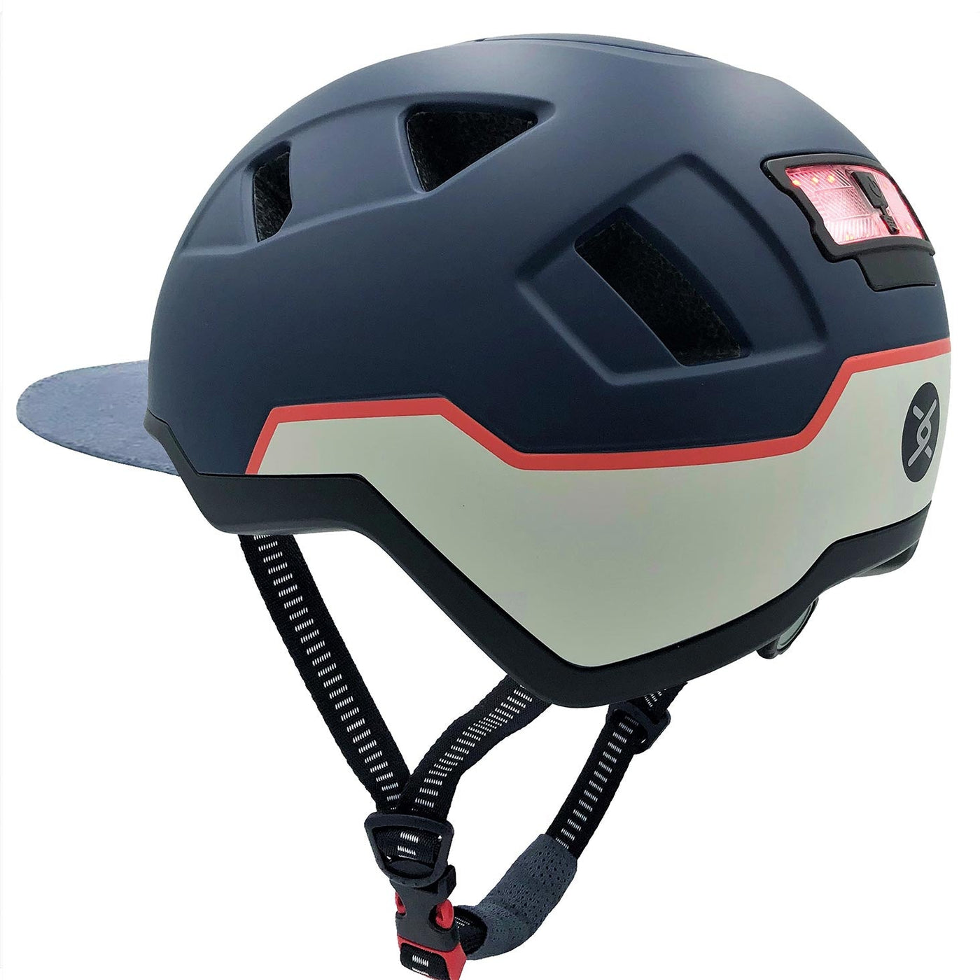 xnito ebike helmet with lights and visor, side view of logan colorway