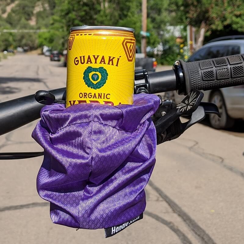 Purple bike cup holder with can on handlebars (HS2DRP)
