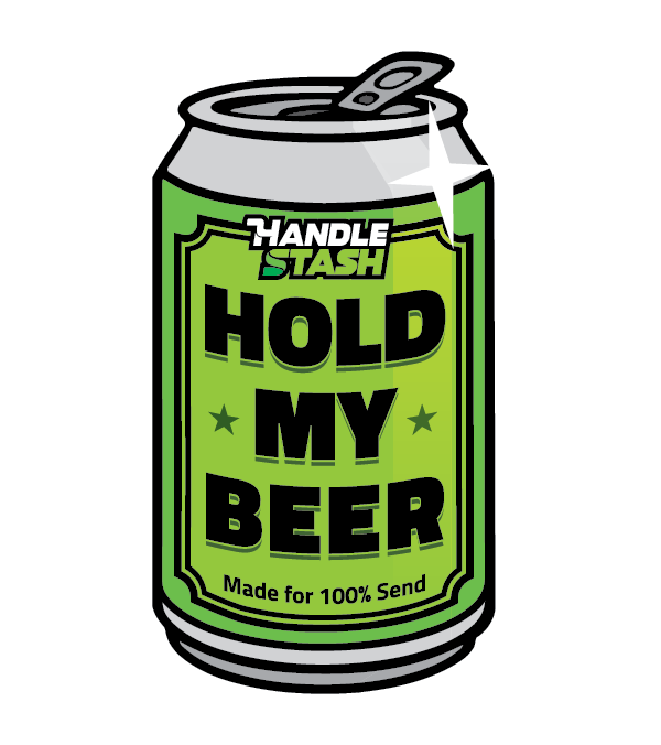 Beer can shaped sticker that says HOLD MY BEER. 